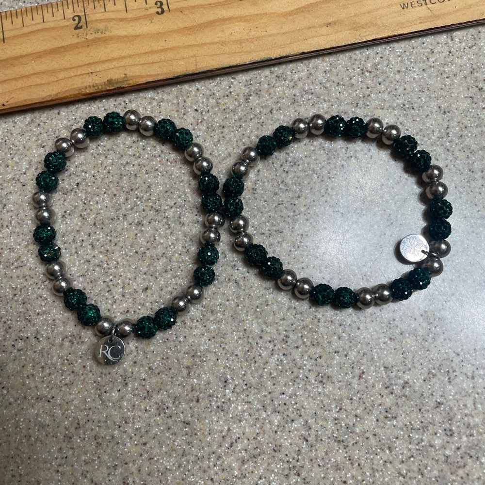 Rustic Cuff Green Crystal and Silver Bead Stretch Bracelet Set